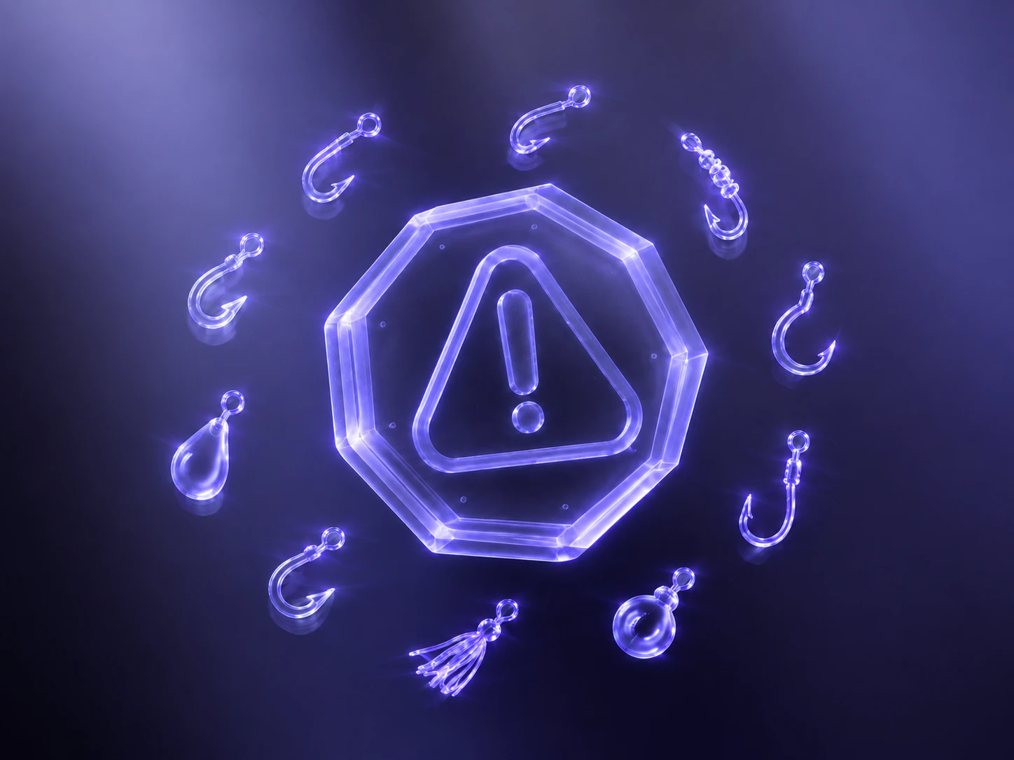 Warning symbol surrounded by common scam hooks