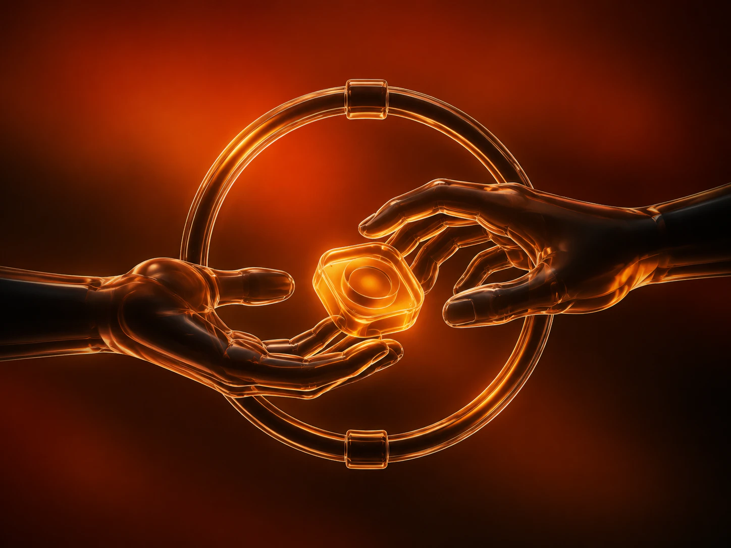 Hands completing a protected digital value transfer