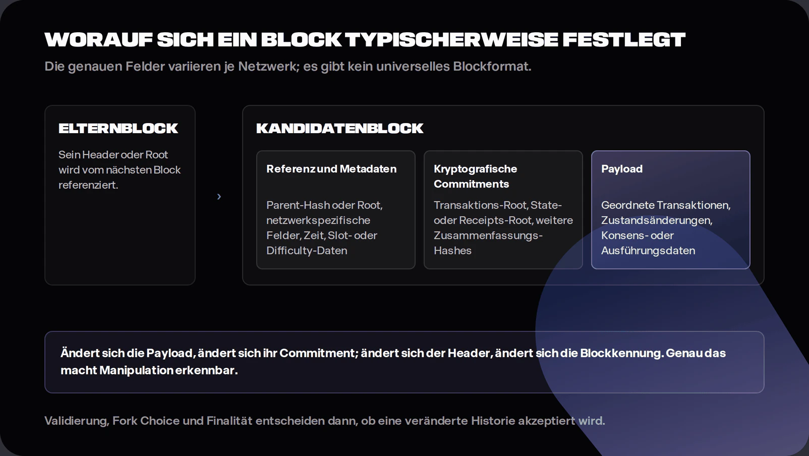 Diagram showing a parent block referenced by a candidate block. The candidate block contains network-specific reference and metadata fields, cryptographic commitments such as transaction or state roots, and an ordered payload. A note explains that hashes reveal changes while validation, fork choice and finality determine acceptance.