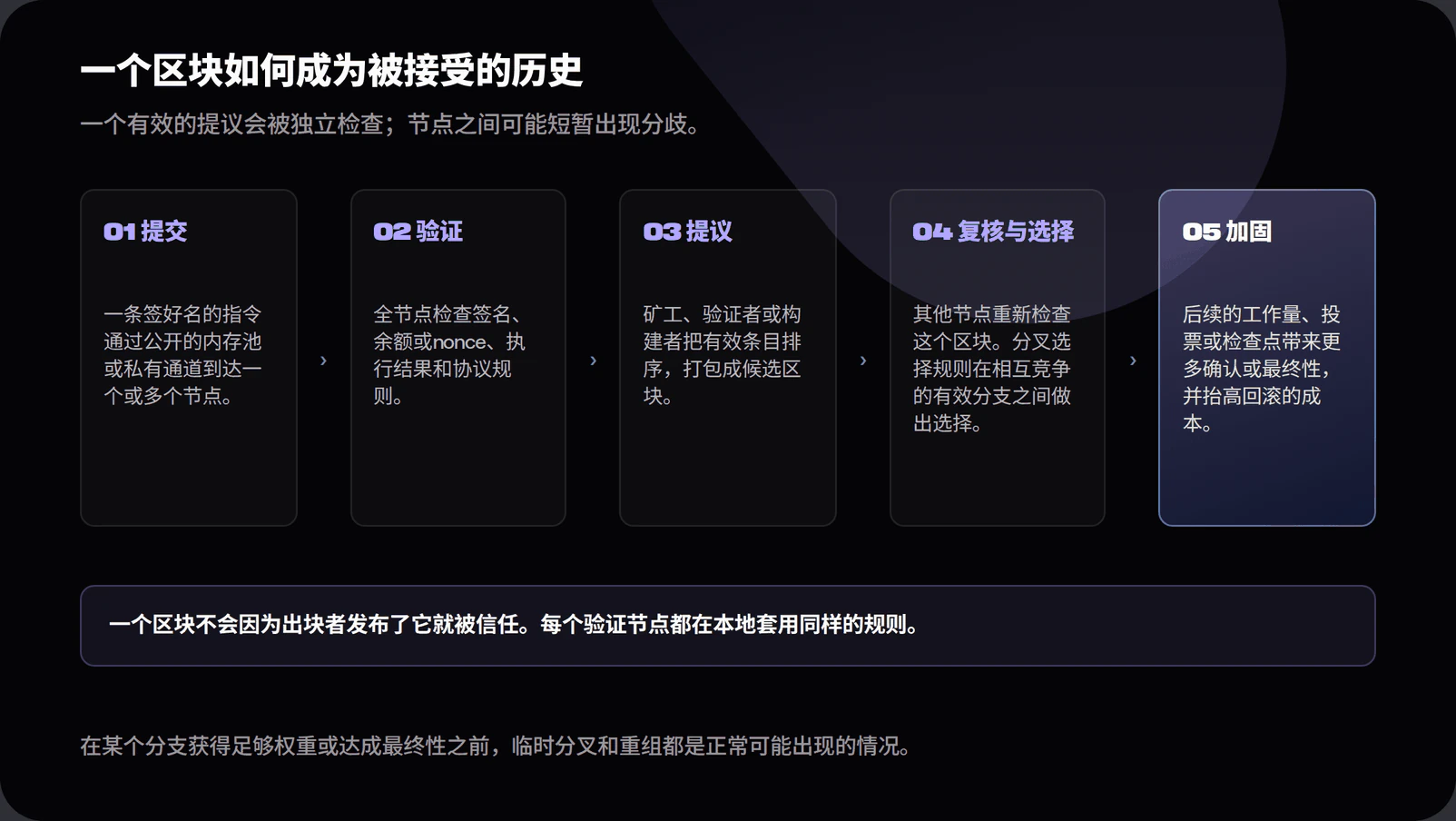 Five-step diagram: submit a signed instruction, validate it locally, propose a candidate block, independently verify and choose among valid branches, then harden the block through confirmations or finality. The note says nodes may briefly disagree and a producer cannot make a block trusted merely by publishing it.
