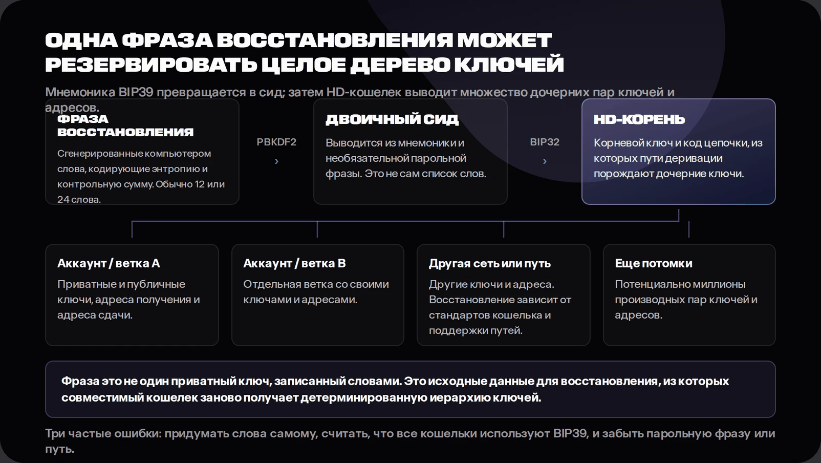 Diagram showing a recovery phrase converted to a binary seed and an HD wallet root, then branching into many accounts, private keys, public keys and addresses. It notes that an optional passphrase and derivation paths affect recovery.