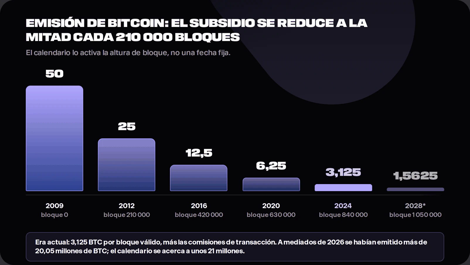 Bar chart showing the Bitcoin block subsidy declining from 50 BTC in 2009 to 25 in 2012, 12.5 in 2016, 6.25 in 2020, 3.125 in 2024 and a scheduled 1.5625 BTC at block 1,050,000 around 2028. A note states that more than 20.05 million BTC had been issued by 11 July 2026.