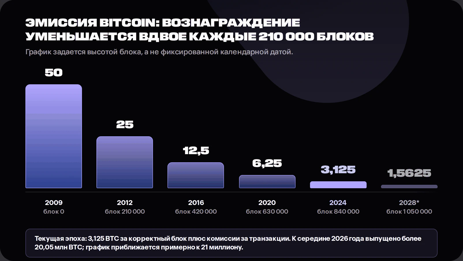 Bar chart showing the Bitcoin block subsidy declining from 50 BTC in 2009 to 25 in 2012, 12.5 in 2016, 6.25 in 2020, 3.125 in 2024 and a scheduled 1.5625 BTC at block 1,050,000 around 2028. A note states that more than 20.05 million BTC had been issued by 11 July 2026.