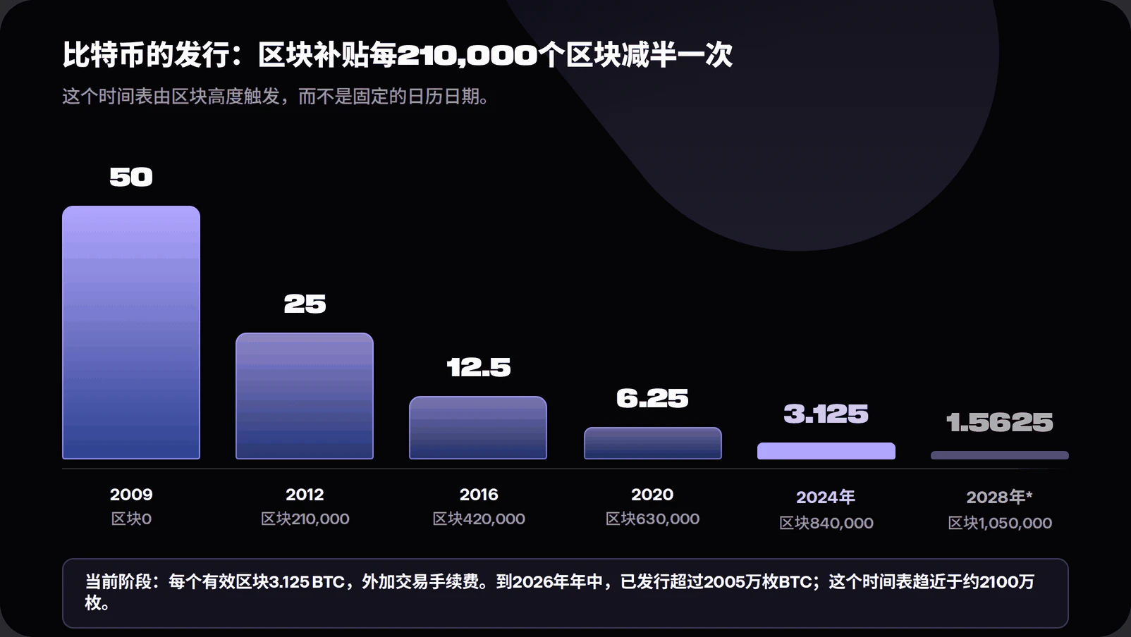 Bar chart showing the Bitcoin block subsidy declining from 50 BTC in 2009 to 25 in 2012, 12.5 in 2016, 6.25 in 2020, 3.125 in 2024 and a scheduled 1.5625 BTC at block 1,050,000 around 2028. A note states that more than 20.05 million BTC had been issued by 11 July 2026.