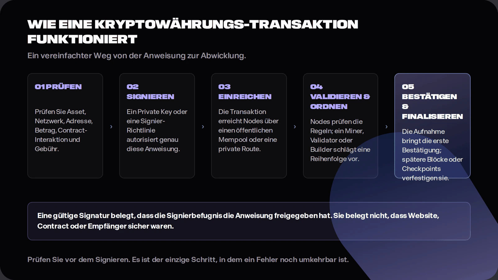 Five-stage diagram: review the instruction, sign it, submit it through public or private routing, validate and order it, then confirm or finalise it. A warning explains that a valid signature proves authorisation but not safety.