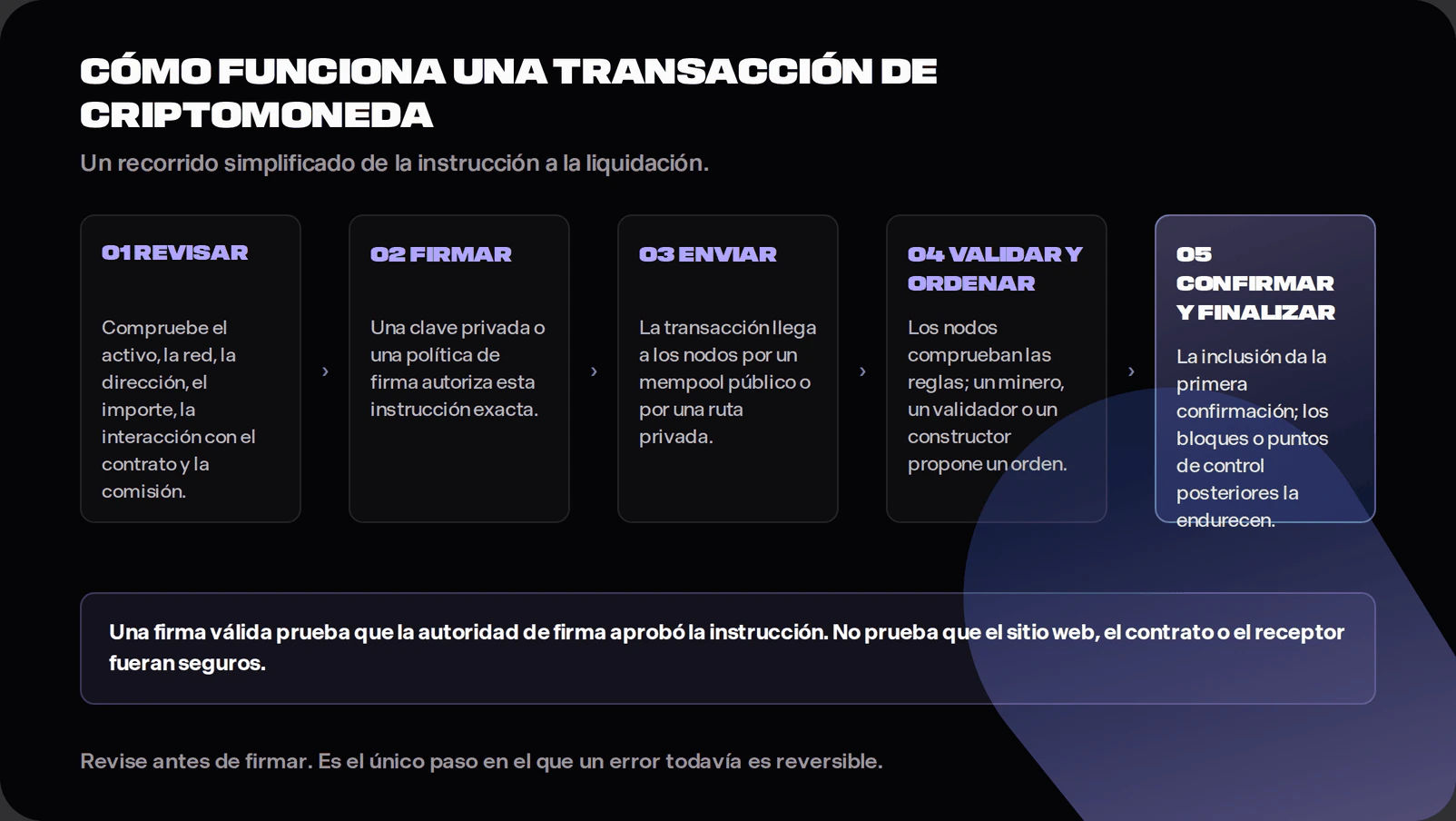Five-stage diagram: review the instruction, sign it, submit it through public or private routing, validate and order it, then confirm or finalise it. A warning explains that a valid signature proves authorisation but not safety.
