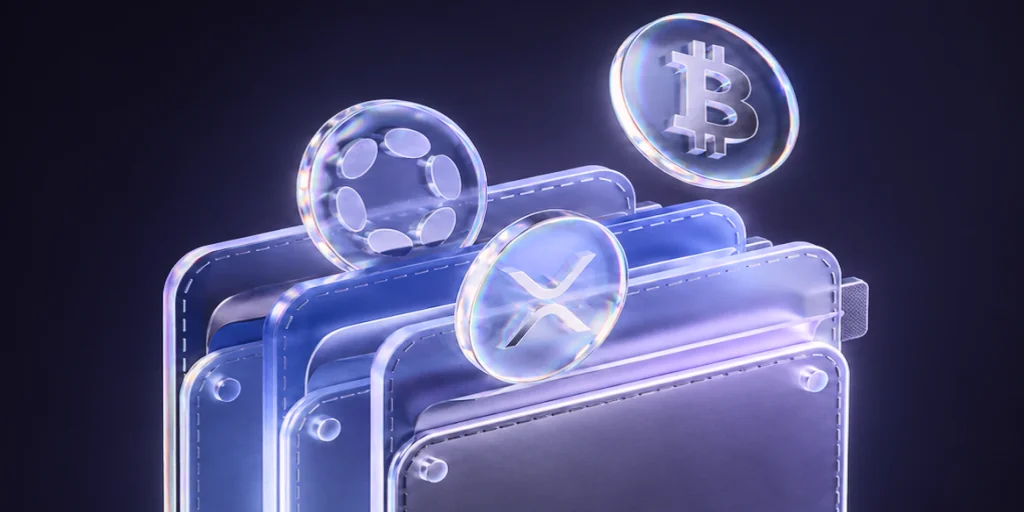 A violet wallet surrounded by coins