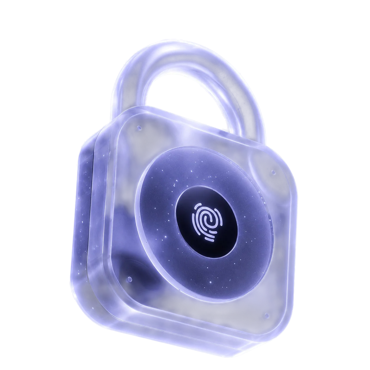 A digital lock glowing in violet light