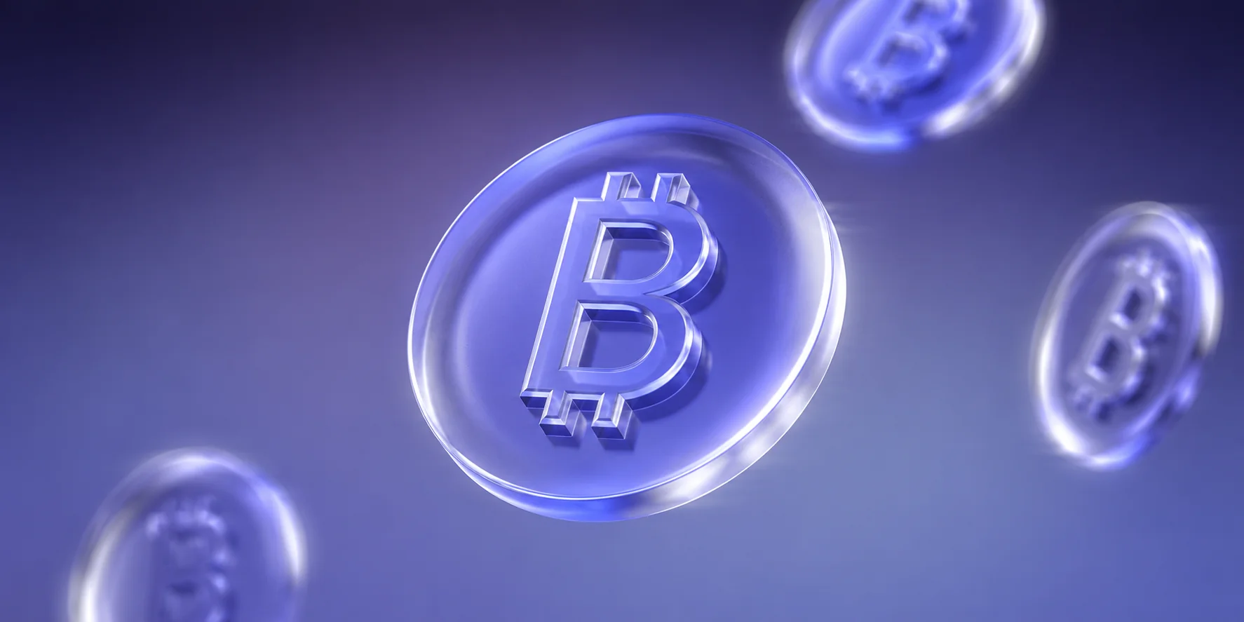 Translucent violet Bitcoin coins