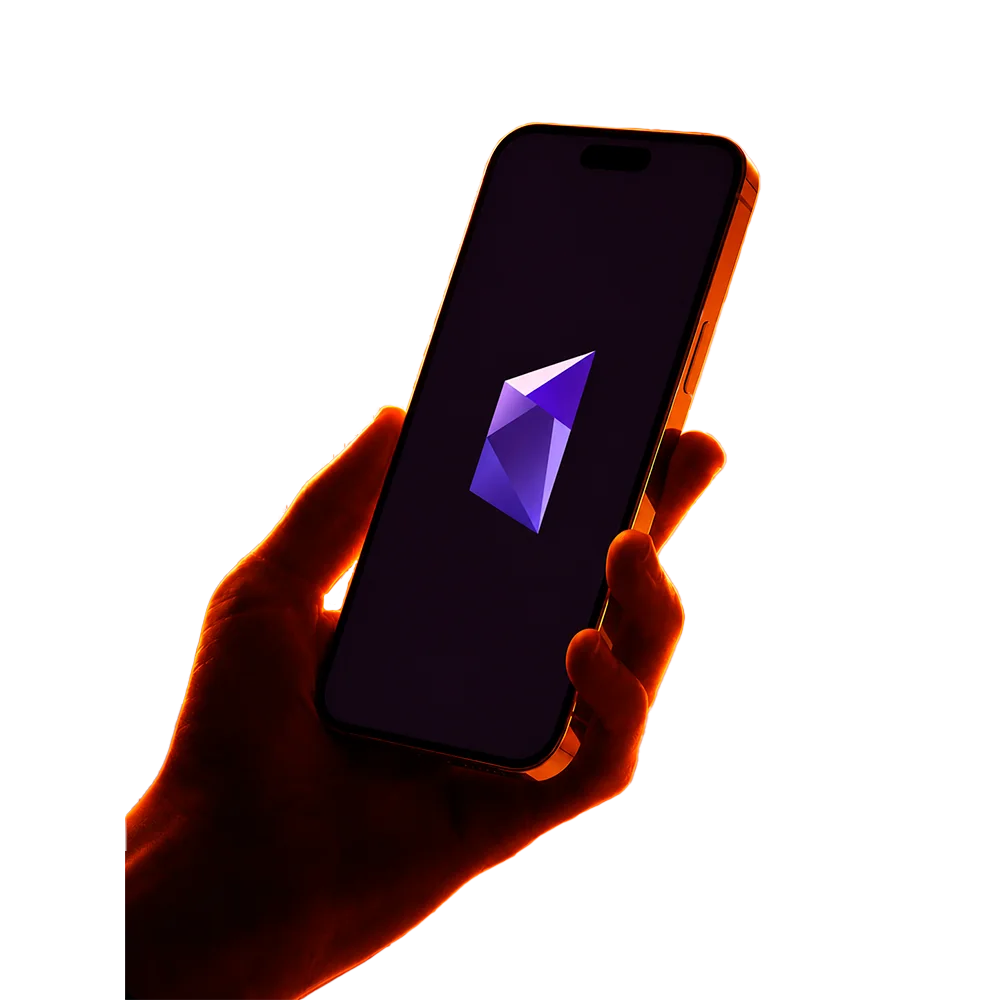 A hand holding a phone with the Bron Wallet symbol